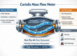 Coriolis flow meter manufacturer infographic showing vibrating tubes, mass flow measurement principle, density and temperature detection with ±0.1% high accuracy for industrial applications.