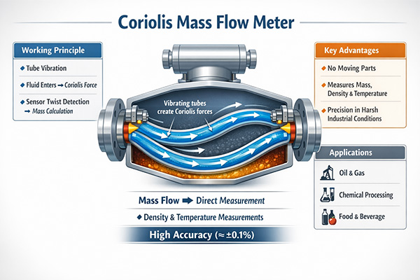 Coriolis flow meter manufacturer infographic showing vibrating tubes, mass flow measurement principle, density and temperature detection with ±0.1% high accuracy for industrial applications.