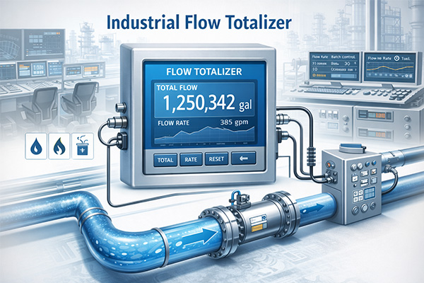 Flow totalizer industrial flow monitoring system showing digital totalizer display connected to pipeline for accurate cumulative flow measurement in industrial applications