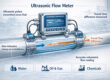 Industrial ultrasonic flow meter infographic illustrating non-contact flow measurement with upstream/downstream ultrasonic pulses and transit time difference for accurate volumetric flow monitoring.