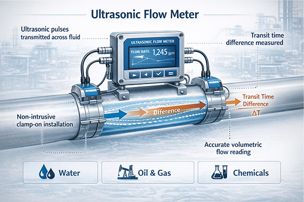Industrial ultrasonic flow meter infographic illustrating non-contact flow measurement with upstream/downstream ultrasonic pulses and transit time difference for accurate volumetric flow monitoring.